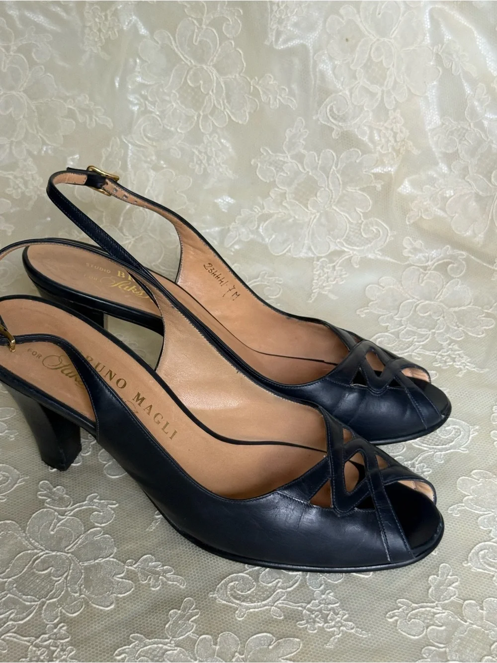 Bruno Magli Navy Blue Leather Slingback Peep-Toe Heels